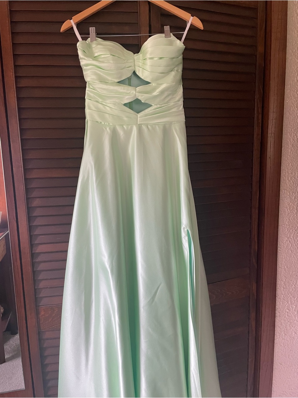 Custom made Light Green Satin Strapless Evening Dress with Cutout Detail
